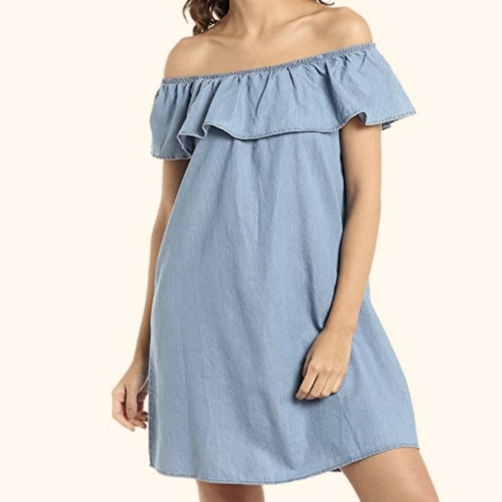 Love Culture Off Shoulder Ruffle Chambray Dress size Large New With Tags